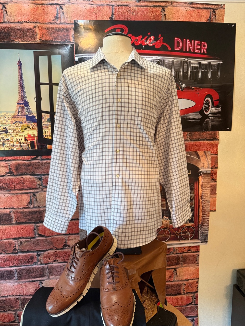 Joseph Abboud Cream and Brown Plaid Dress Shirt